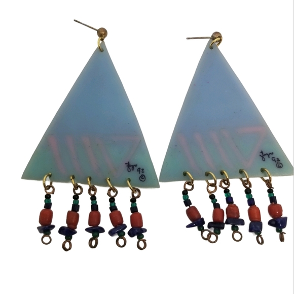 ARTISAN SIGNED 90s TRIBAL STYLE ABSTRACT DROP EARRINGS - Picture 4 of 5